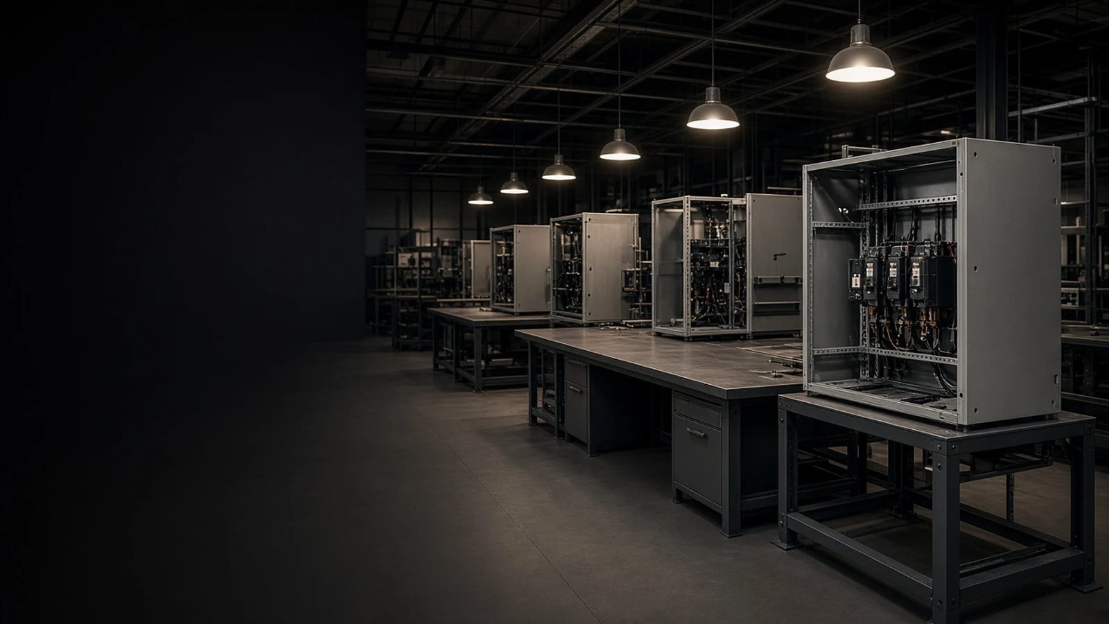 Restrained engineering workshop and HQ interior with warm-white light