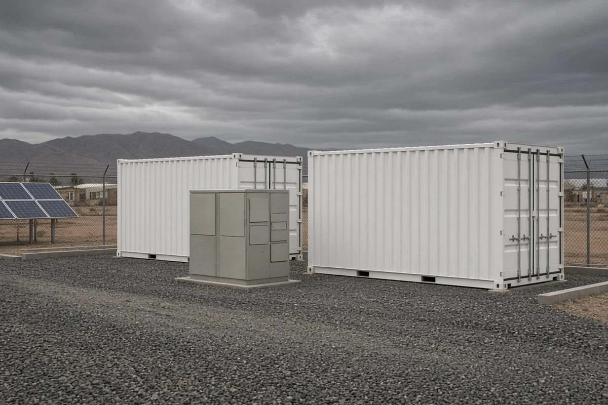 Islanded microgrid yard with BESS containers and control cabinet