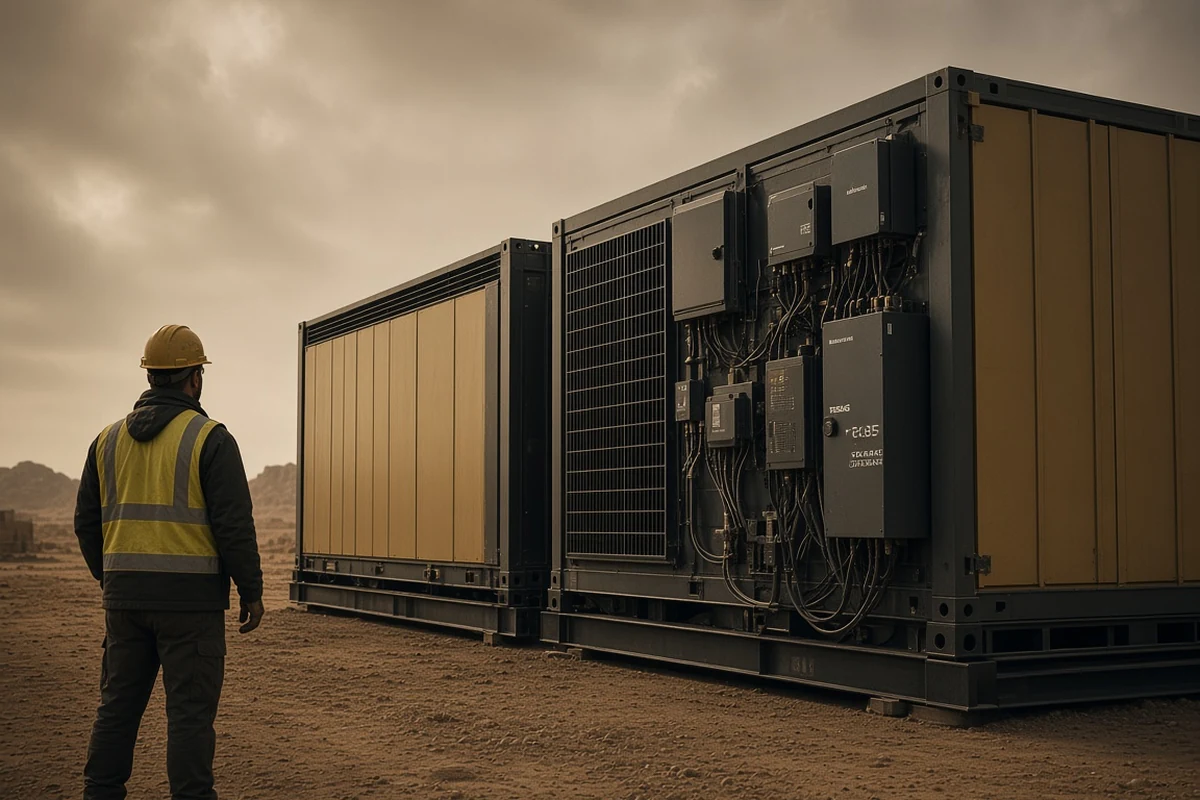 Desert pad field power package with diesel hybrid containers in dust haze