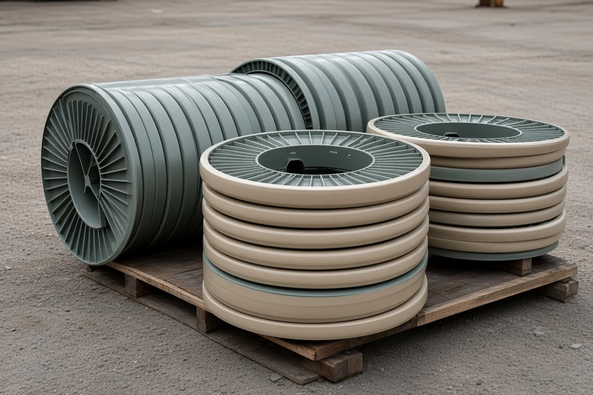 Industrial GRE non-metallic pipe spools in a muted midstream yard