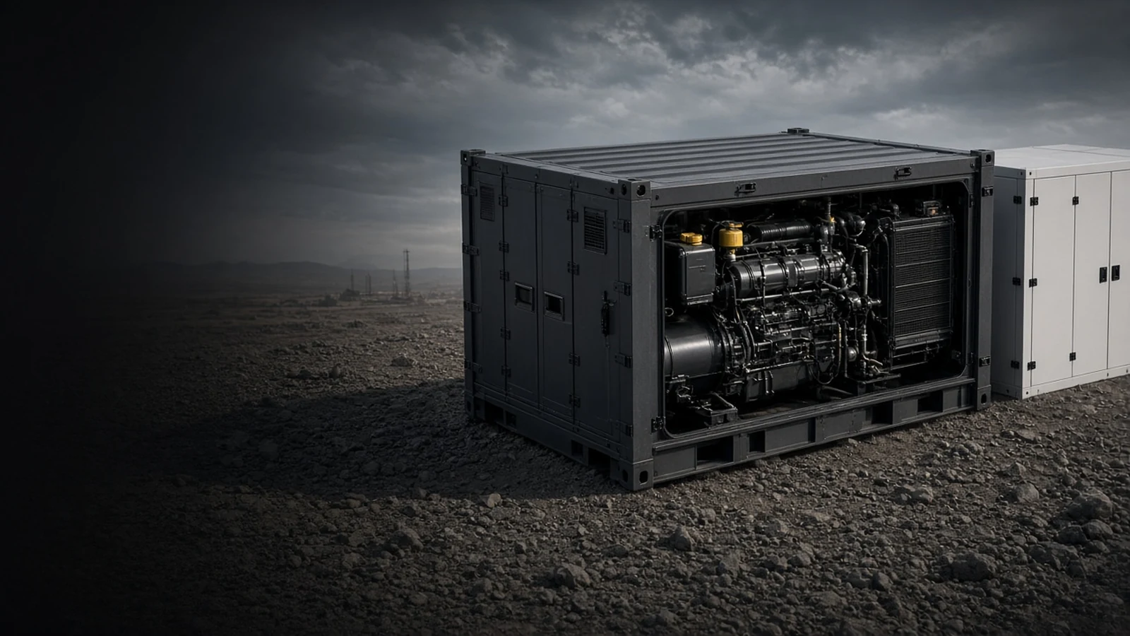 Tight darker product view of field power genset and BESS on desert pad