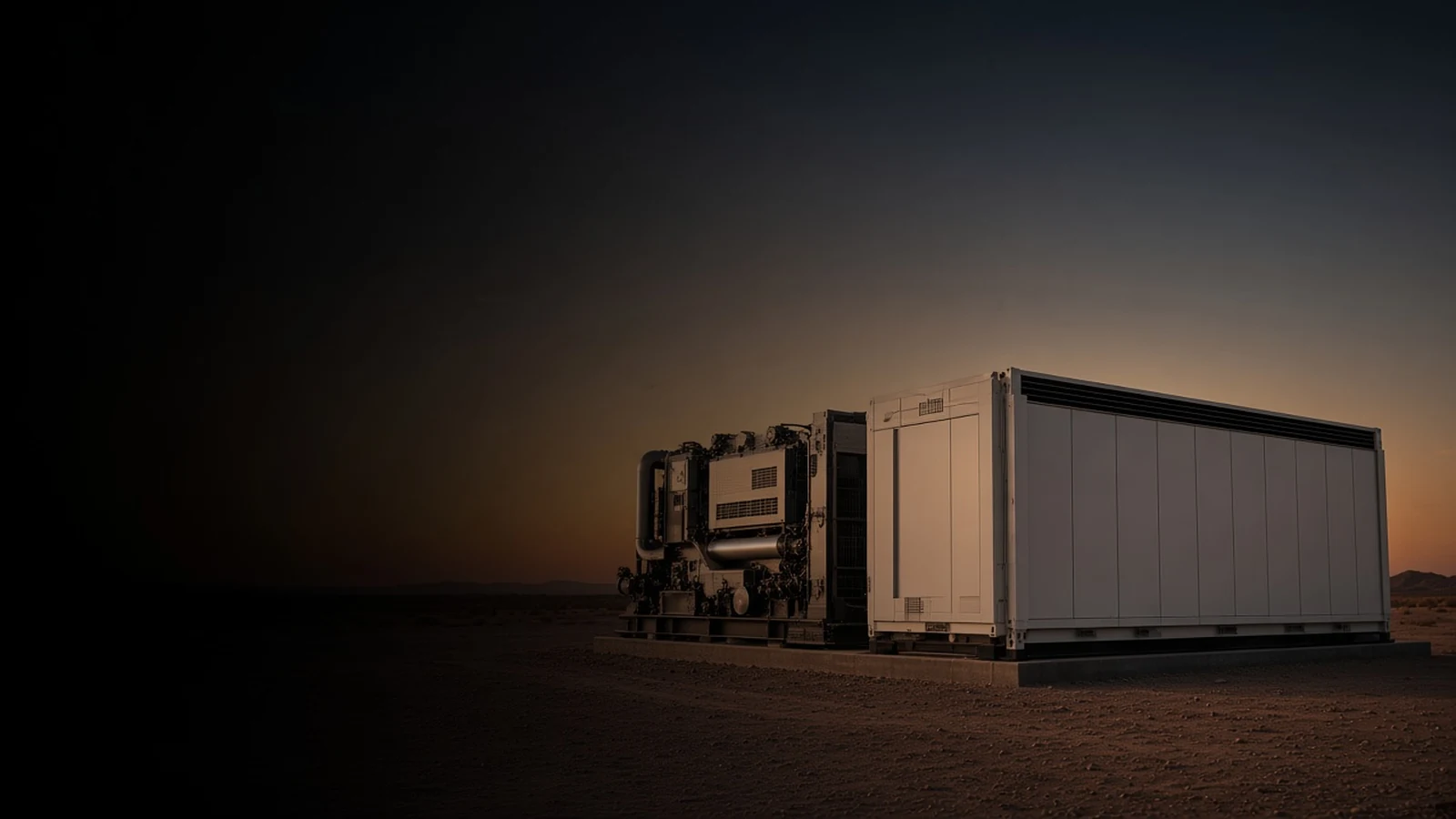 Remote oilfield wellsite at dusk with modular genset and containerized BESS silhouettes under a dark sky