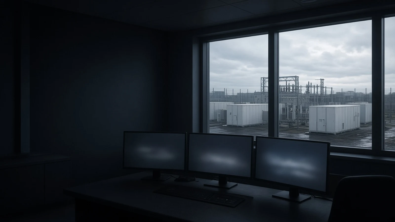 Generic microgrid control room overlooking yard BESS containers